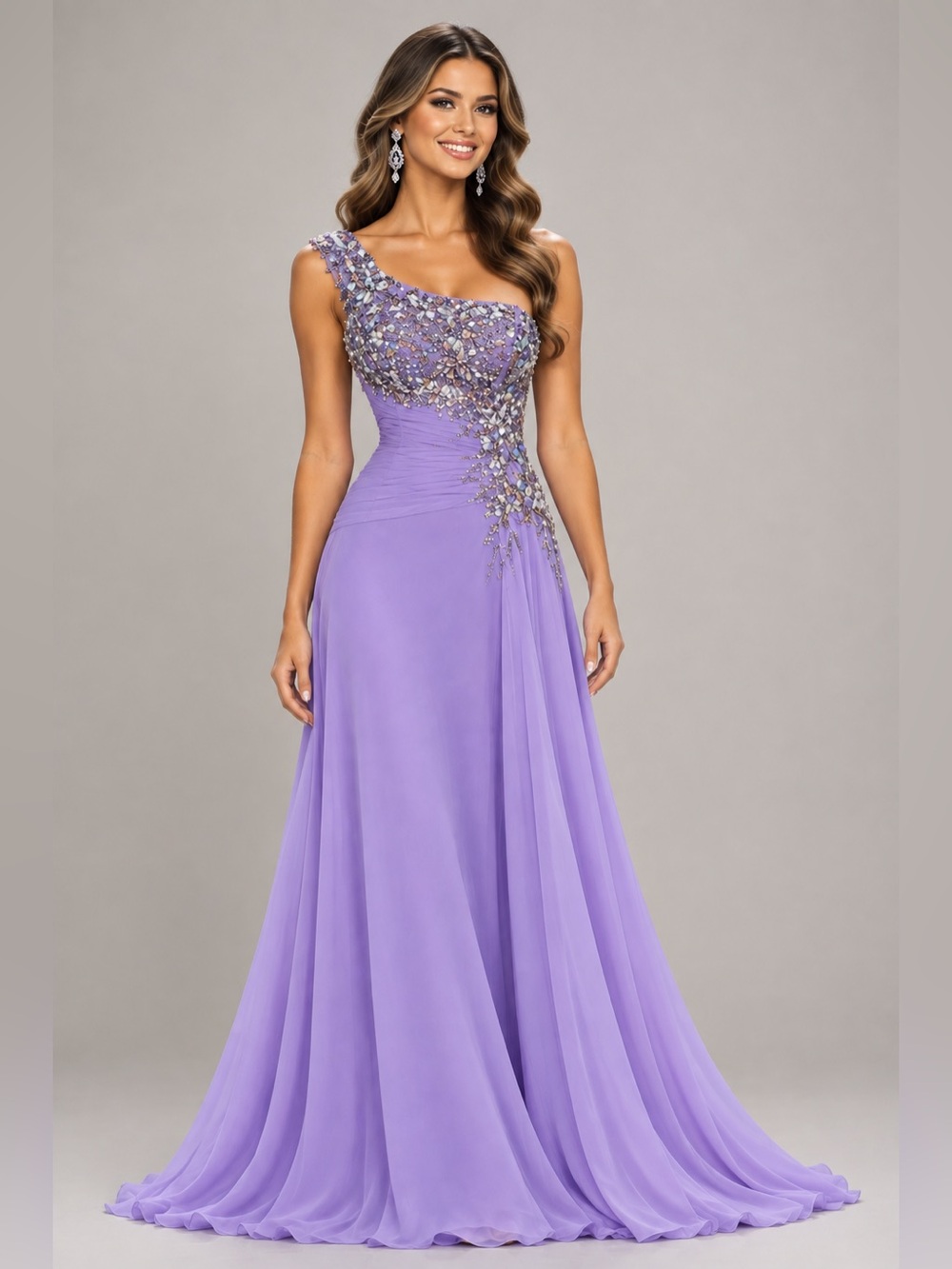One-Shoulder Lavender Evening Dress with Embellished Bodice